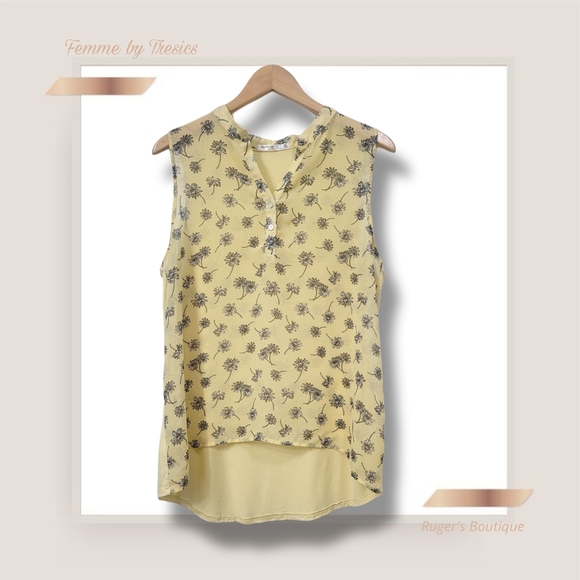 🌿Femme by Tresics Women's XL Sleeveless Sunshine Yellow Floral Blouse-Cute! - Picture 3 of 11